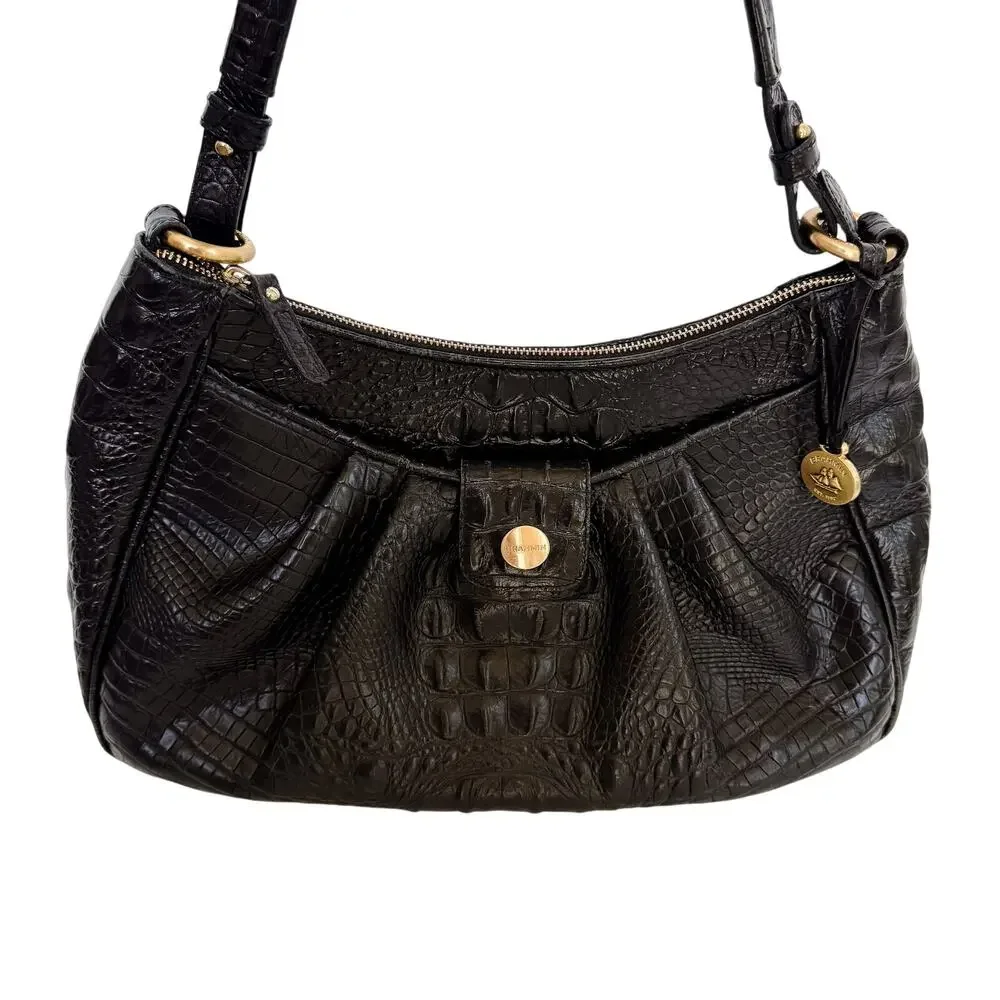 Brahmin Melbourne Black Leather Crocodile Embossed Shoulder Bag Purse Dust Bag